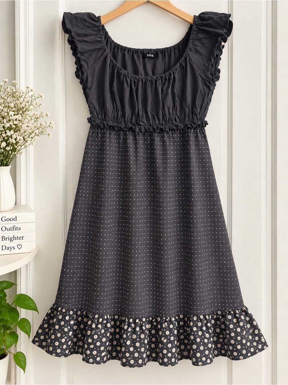 Girls' Black Polka & Floral Ruffle Casual Dress